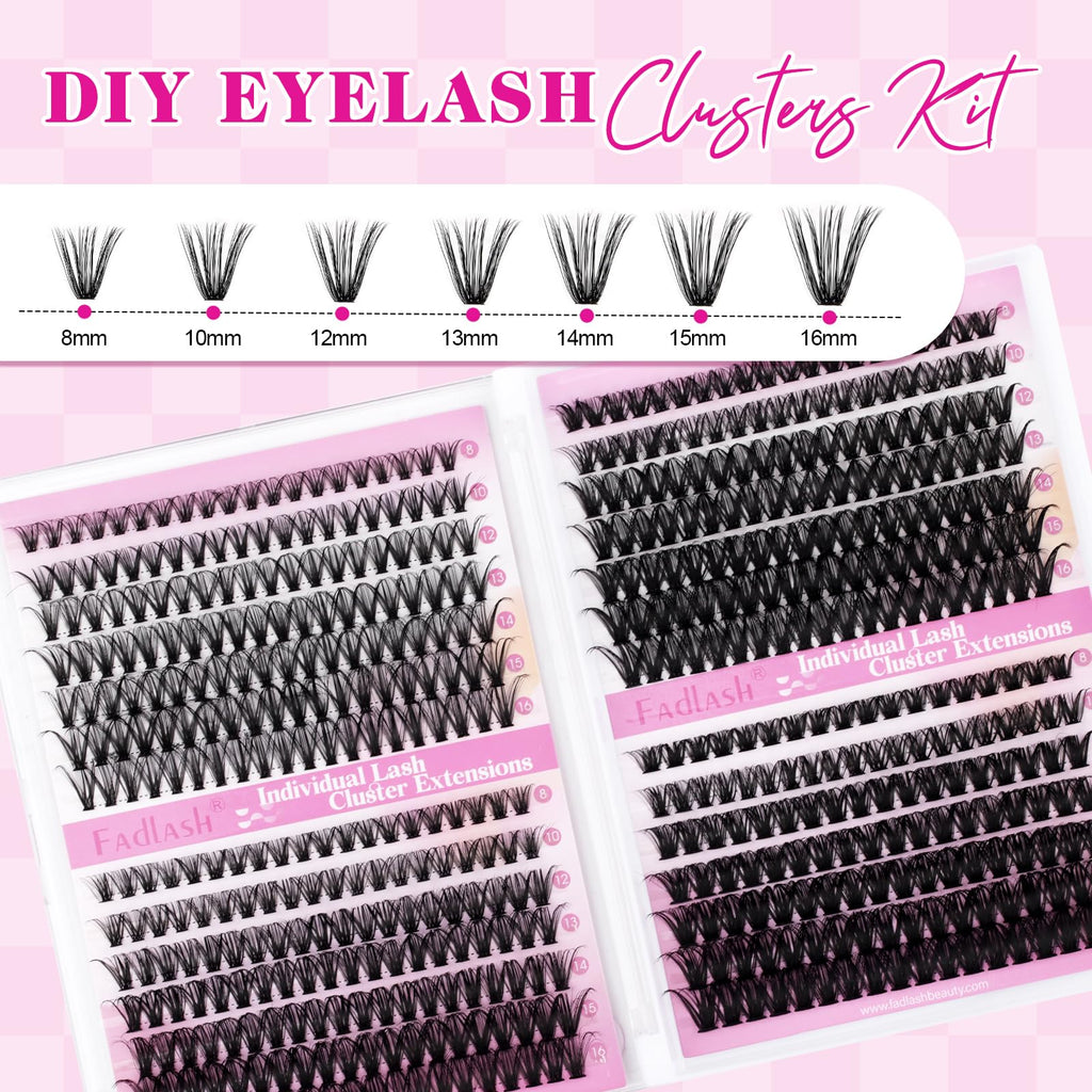FADLASH Lash Clusters Kit 560Pcs | 8-16mm D-Curl DIY Extensions with Bond & Seal