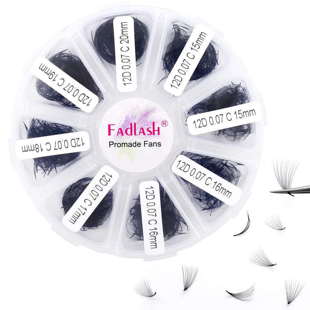 FADLASH Premade Fans Eyelash Extensions – 1000pcs, 12D-0.07C, 15-20mm