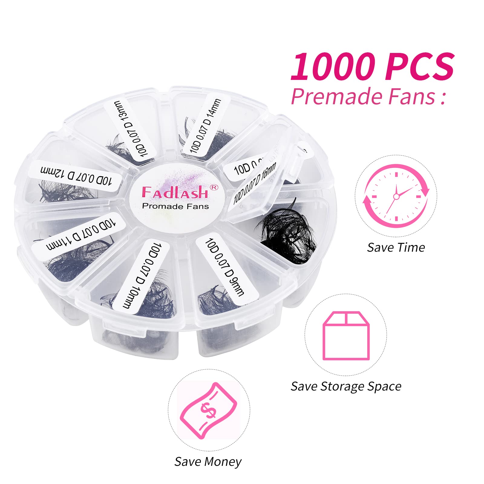 FADLASH Premade Fans Lash Extensions – 1000pcs Volume Fans, D Curl, 9–16mm (10D–20D)