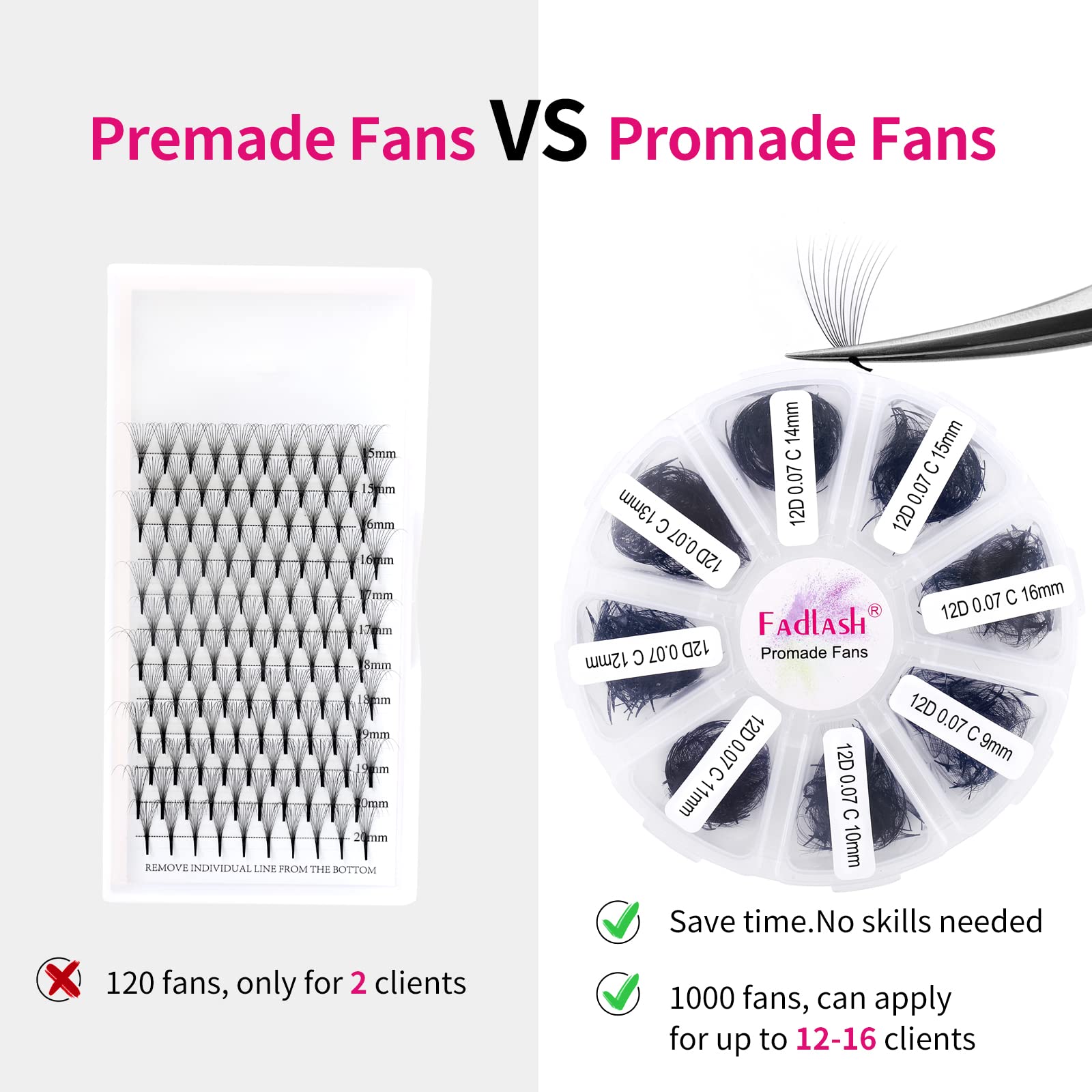 FADLASH Volume Lash Extensions – Premade Fans 1000pcs | 5D-16D, 9–20mm Mixed Tray