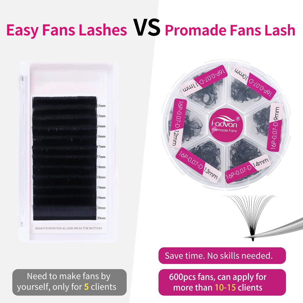 FADVAN 600 Premade Fans Eyelash Extensions | 16D 0.07D, 9–14mm Volume