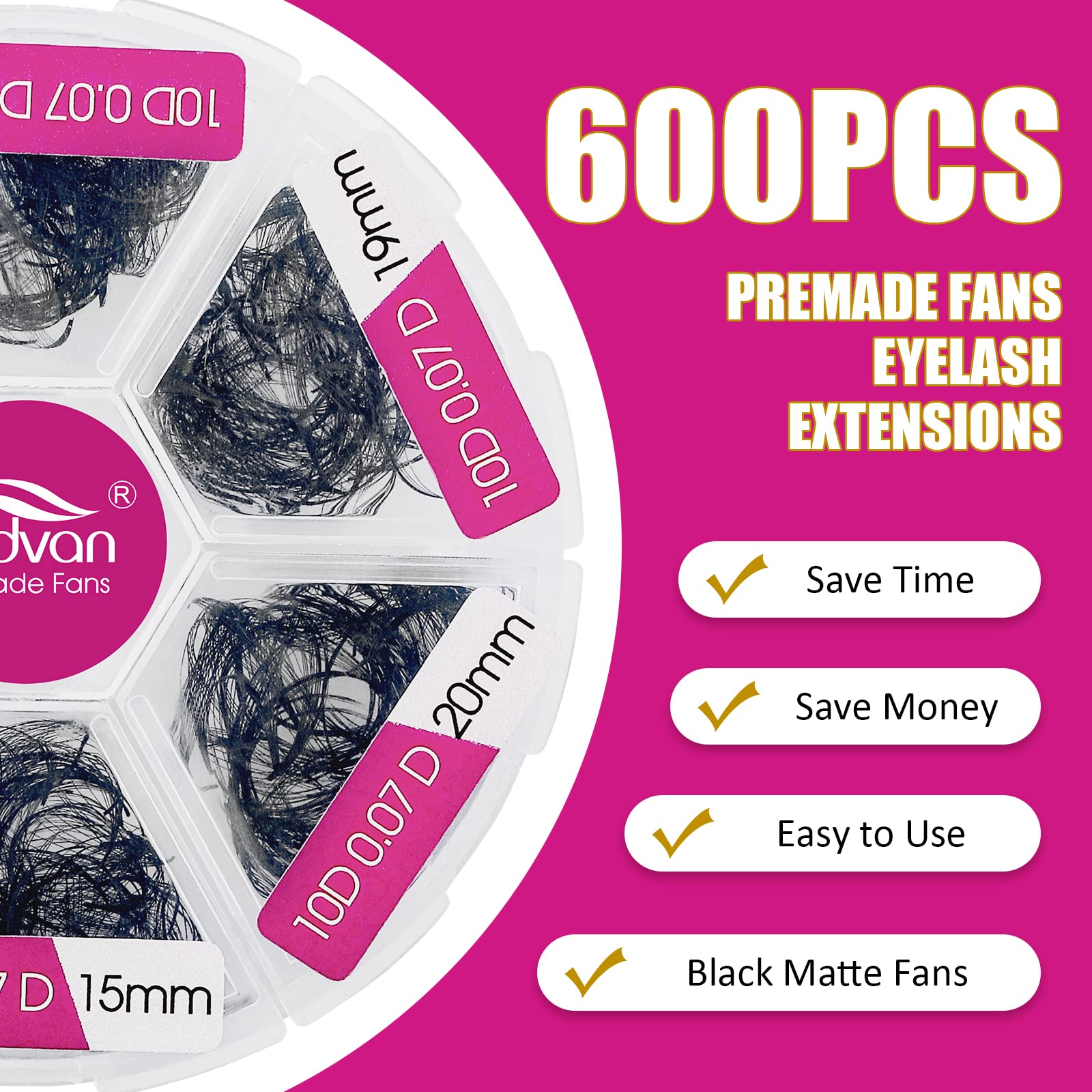 FADVAN 600 Premade Fans Eyelash Extensions | 15-20mm, 10D-0.07D, Mixed Tray