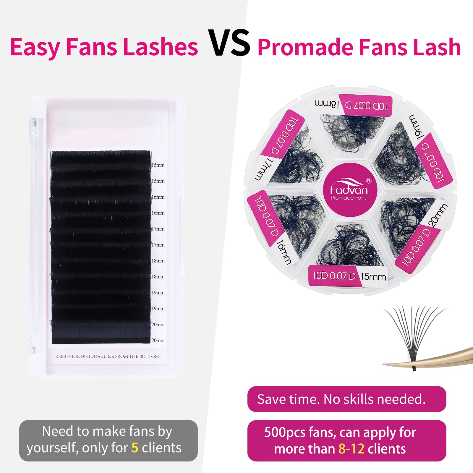 FADVAN 600 Premade Fans Eyelash Extensions | 15-20mm, 10D-0.07D, Mixed Tray