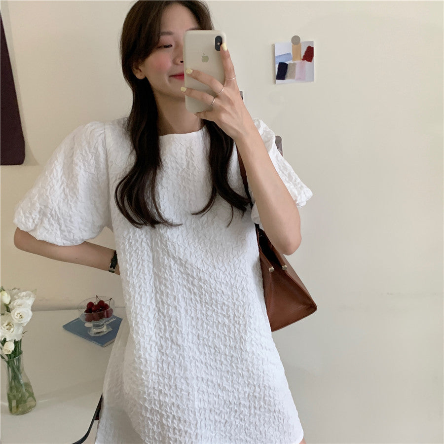 Summer Lantern Sleeve Backless Chain Design Solid Color Dress Women