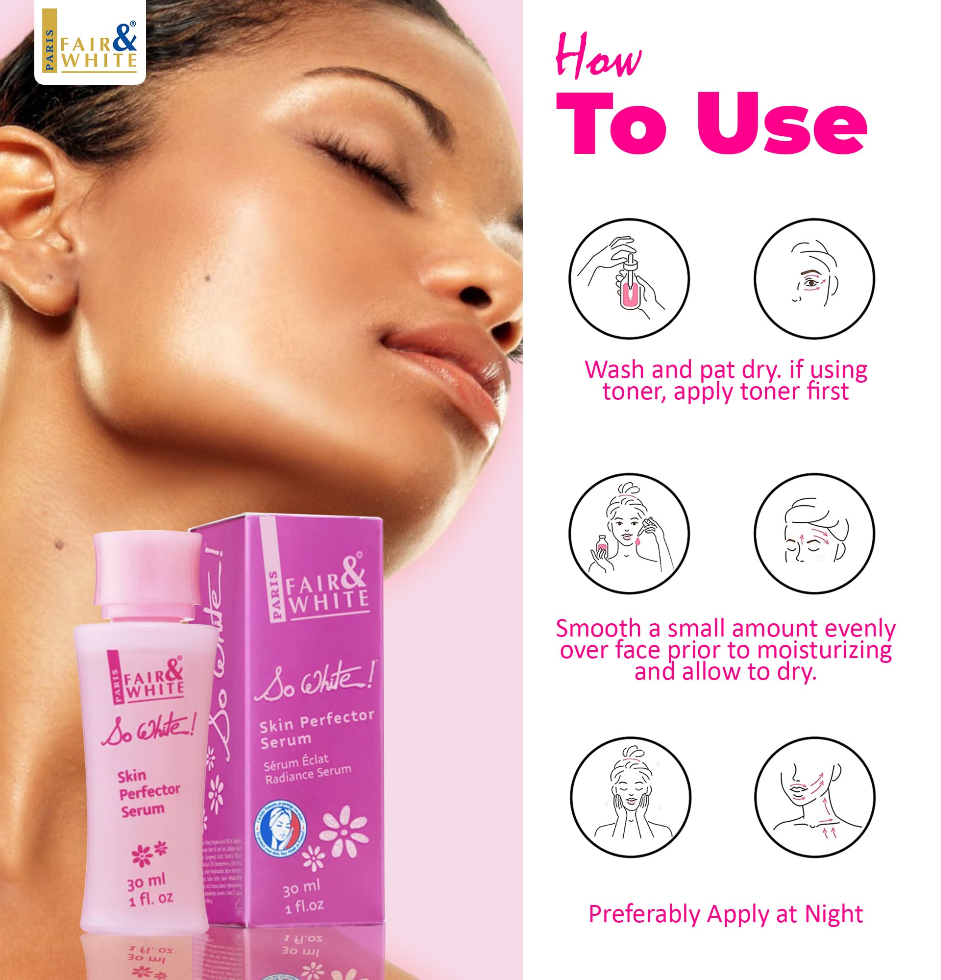 FAIR & WHITE So White Skin Brightening Serum 30ml – Kojic Acid & Castor Oil for Face, Elbows, Knees, Feet