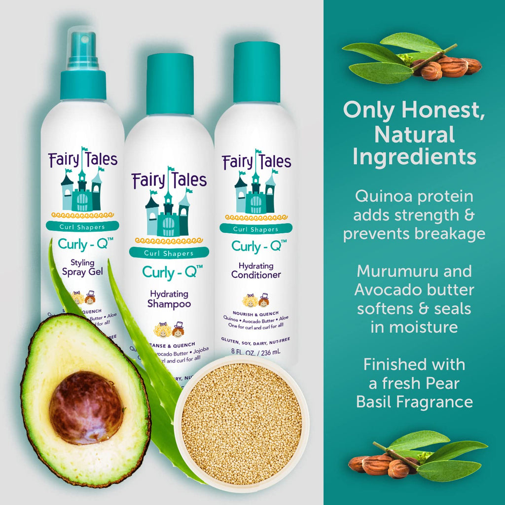 Fairy Tales Curly Q Kids 3-Pack: Hydrating Shampoo, Conditioner & Spray Gel - Paraben, Sulfate, Gluten & Nut Free