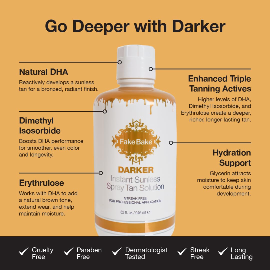 Fake Bake Darker Spray Tan Solution – Buildable, Fast-Drying Sunless Bronze (32 fl oz)