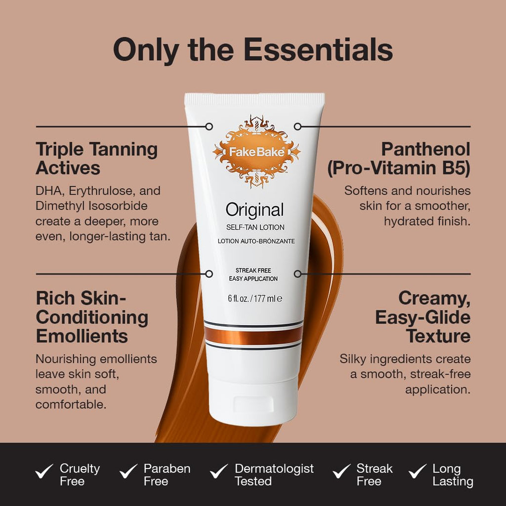 Fake Bake Original Self-Tanning Lotion – Buildable, Natural Sunless Tan for All Skin Tones (6 oz) | Streak-Free & Long-Lasting