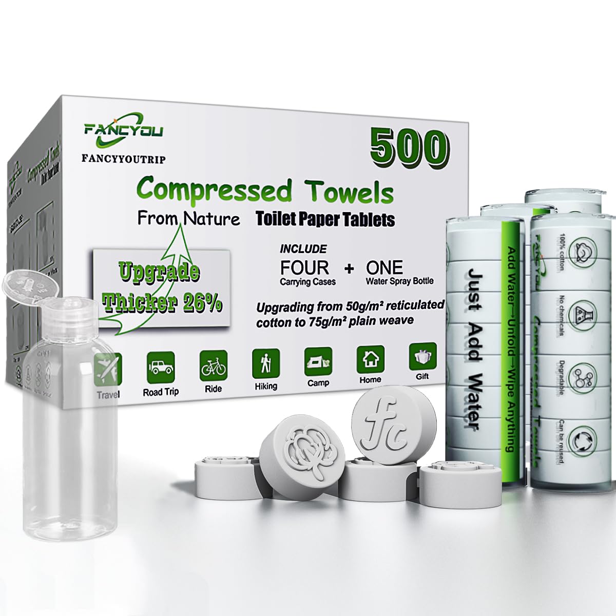 Fancyou Compressed Coin Towels – 500 Pcs Travel Pack with 4 Carry Cases