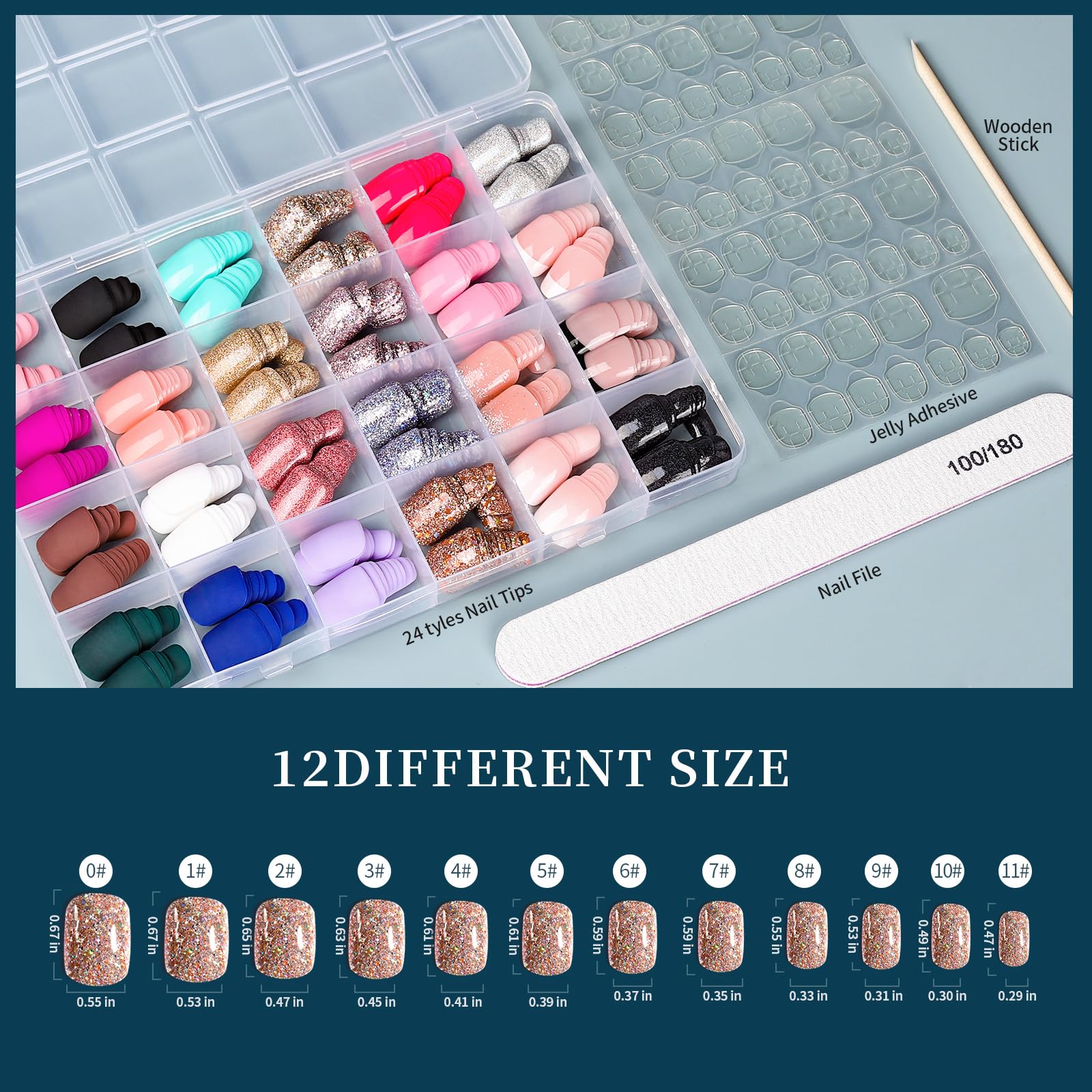 FANDAMEI Press On Nails – 24 Colors, 576 PCS, Short Square, Matte & Glitter