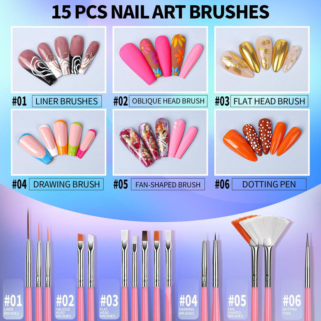 FANDAMEI Nail Art Brushes Set | Complete Nail Design Kit with Dotting Pens, Rhinestones & Sequins