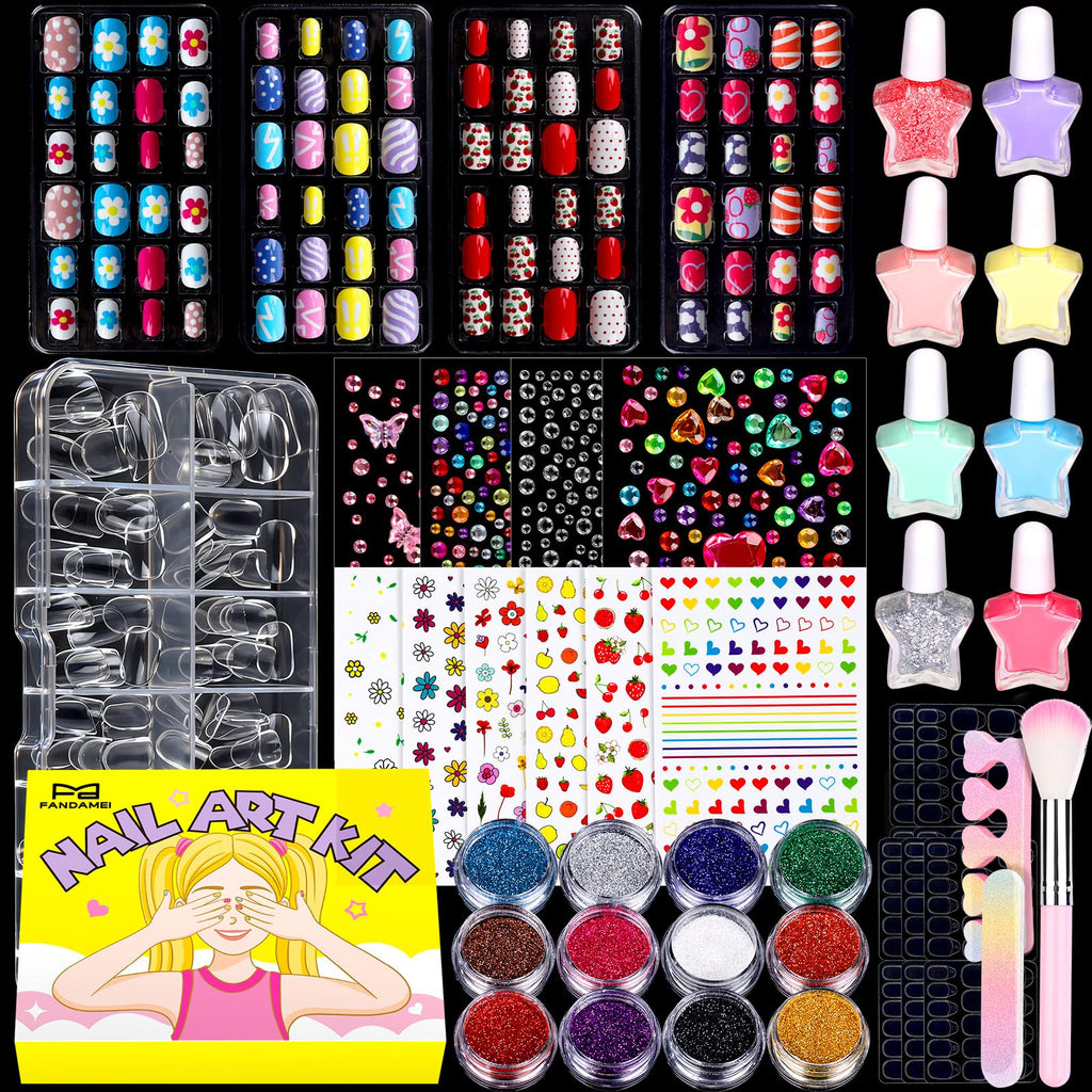 FANDAMEI Nail Kit for Girls – Press-On Nails, Polish, Stickers & Glitter Art Set