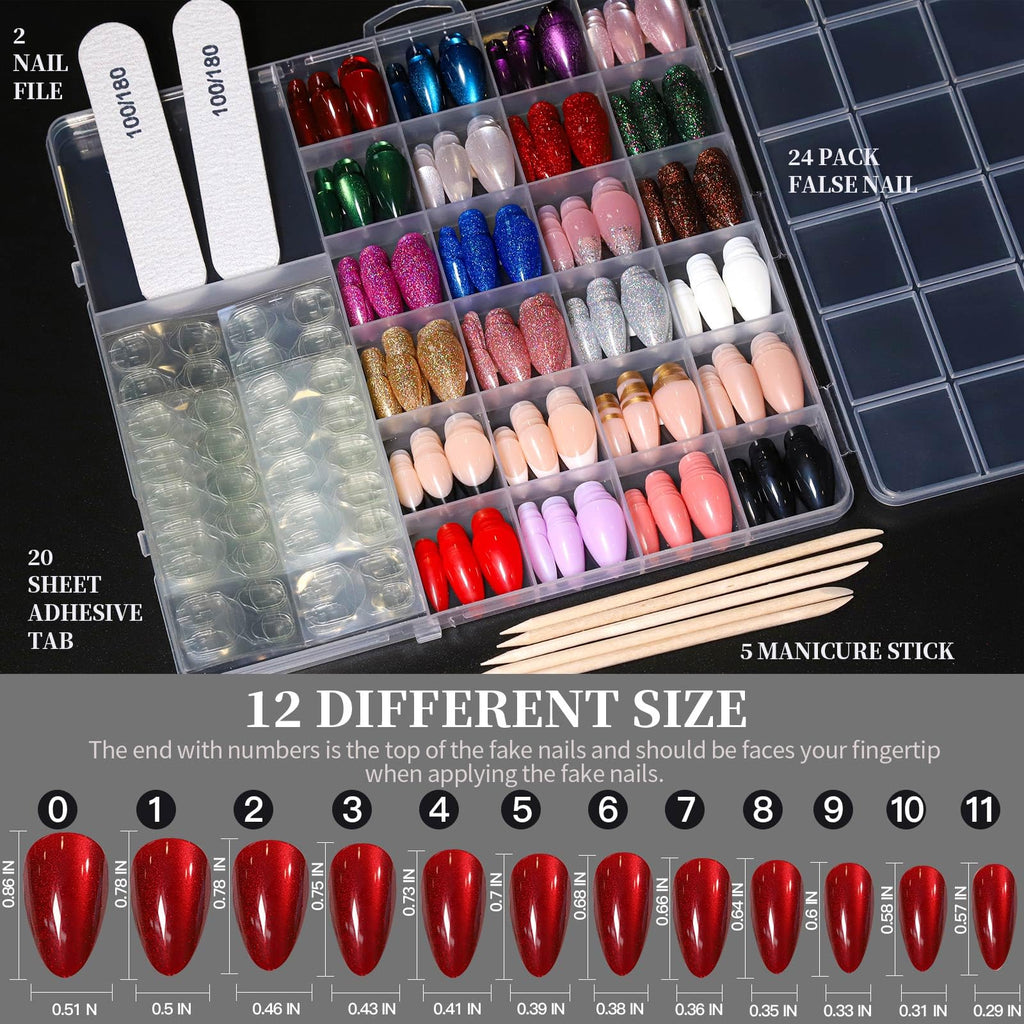 FANDAMEI Press on Nails Almond – 24 Colors, 576pcs, Short Cat Eye & Glitter
