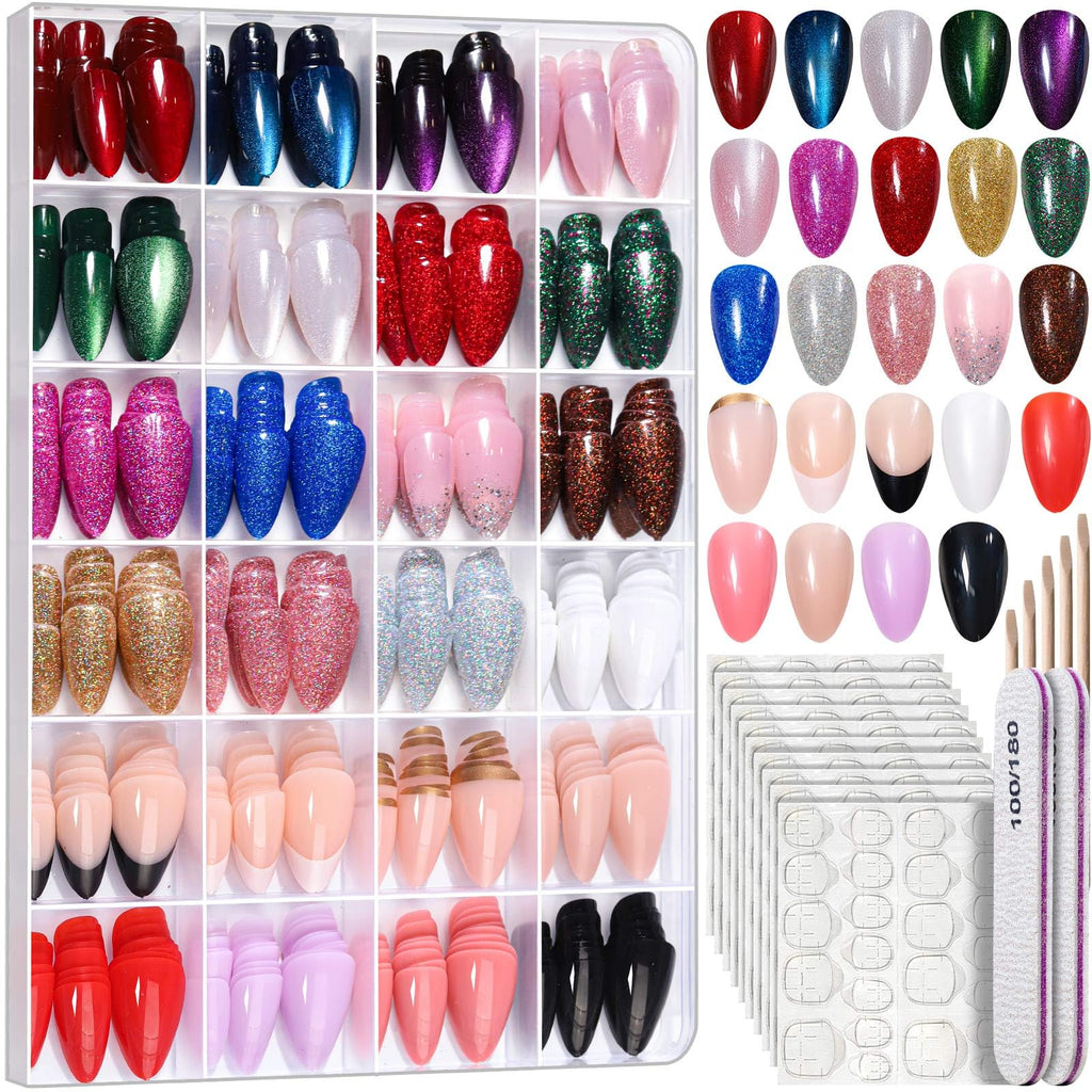 FANDAMEI Press on Nails Almond – 24 Colors, 576pcs, Short Cat Eye & Glitter