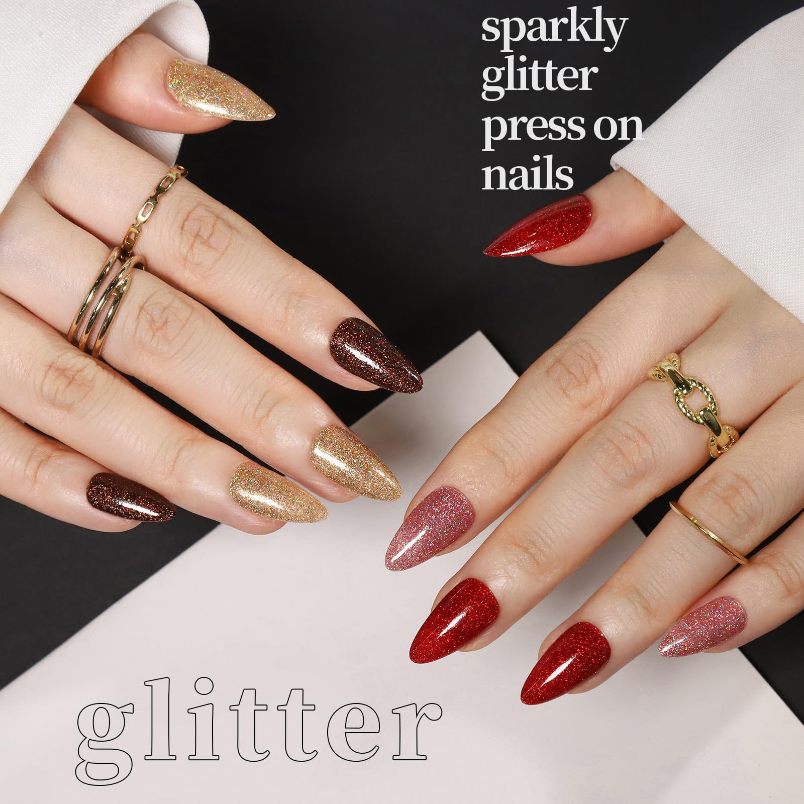 FANDAMEI Press on Nails Almond – 24 Colors, 576pcs, Short Cat Eye & Glitter