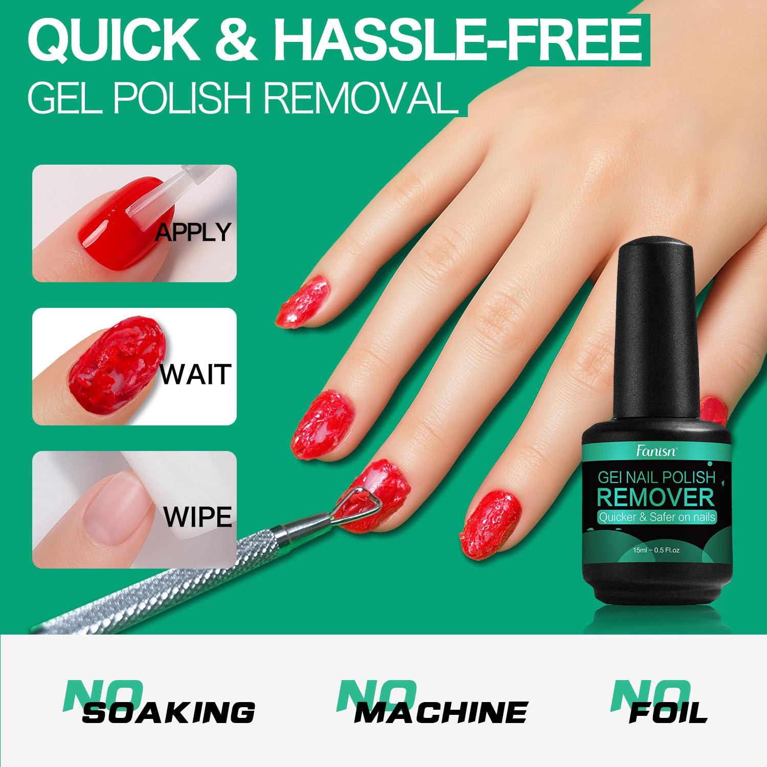 Fanisn Gel Nail Polish Remover with Tools, 15ml – Acetone-Free Quick 3-5 Min Removal (Home DIY)