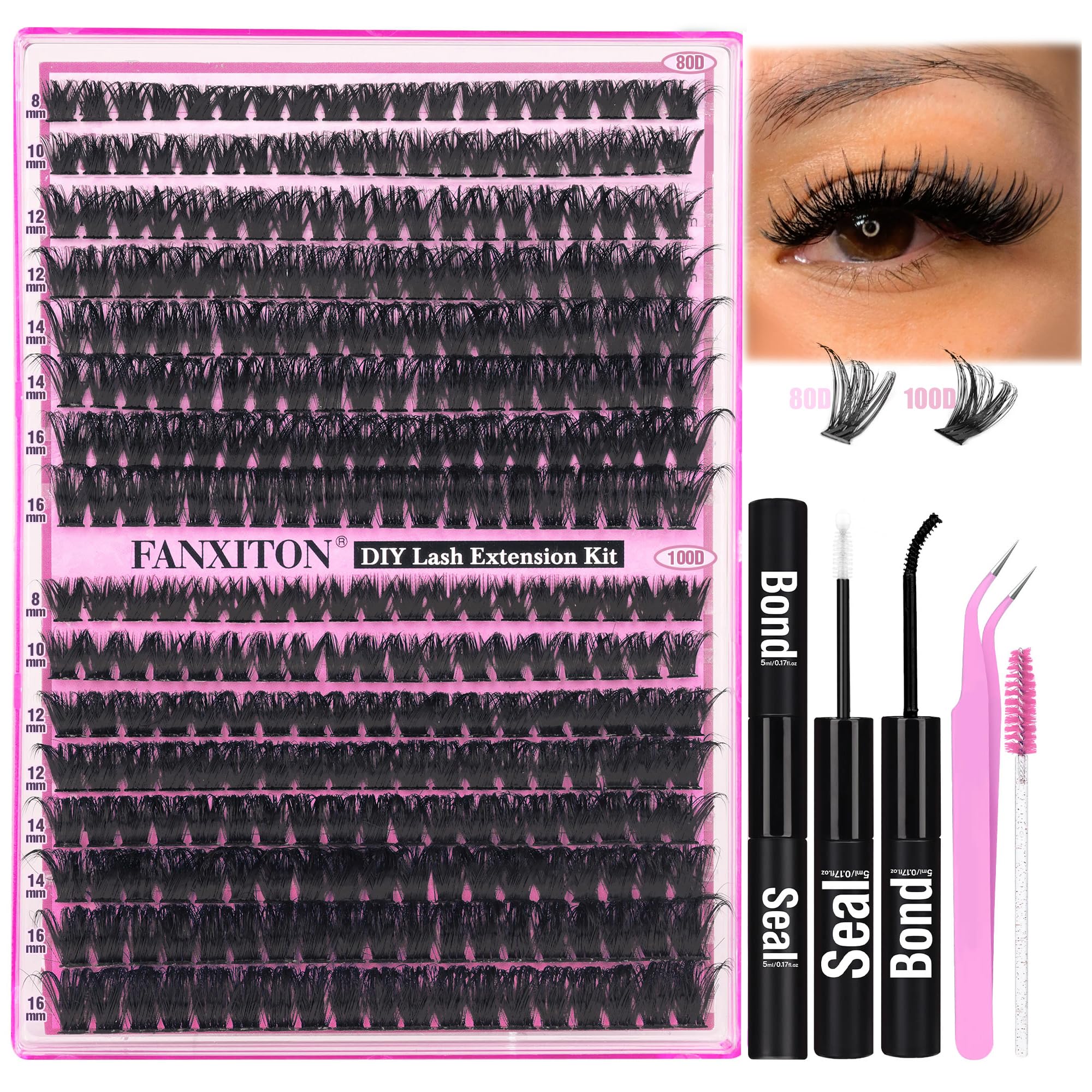 FANXITON DIY Lash Extension Kit — 80D & 100D Thick Lash Clusters, Bond & Seal, Tweezers