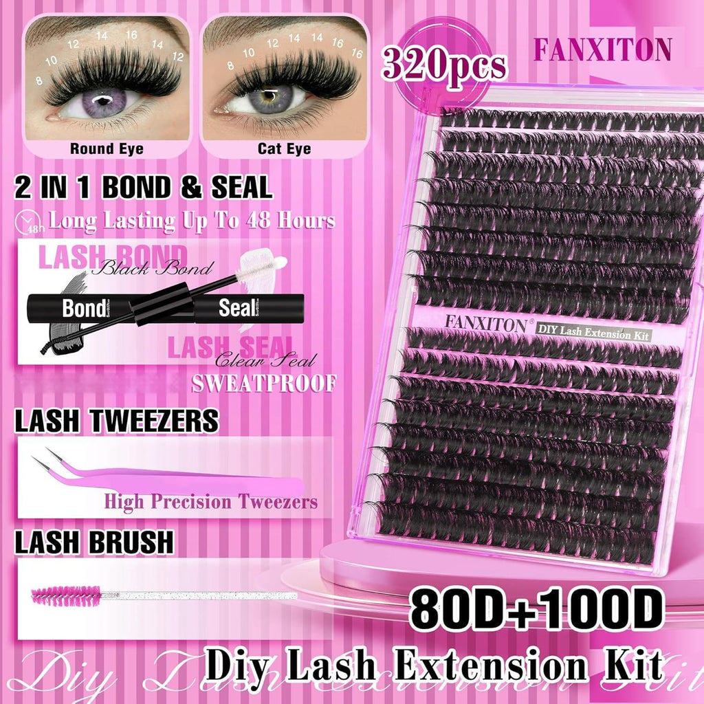 FANXITON DIY Lash Extension Kit — 80D & 100D Thick Lash Clusters, Bond & Seal, Tweezers