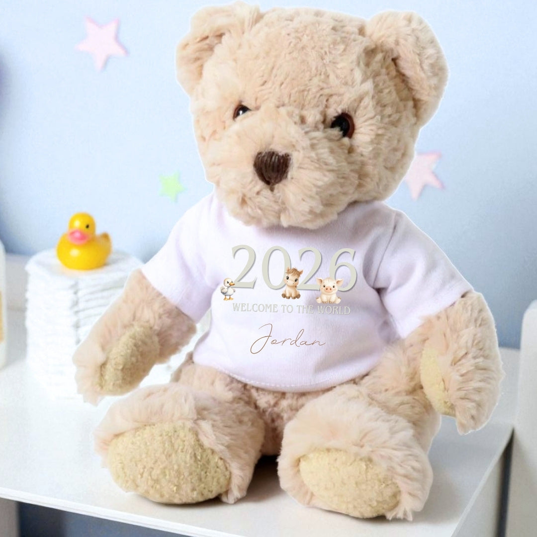 Personalised Luxury Teddy Bear with Cream Farm Animals T-Shirt