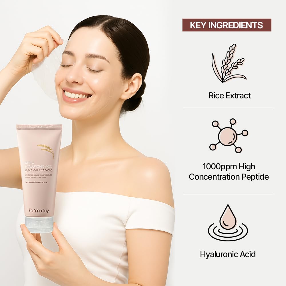 FARMSTAY Rice & Hyaluronic Acid Real Wrapping Mask – Glass Skin Glow & Hydration (5.07 fl oz) with Spatula