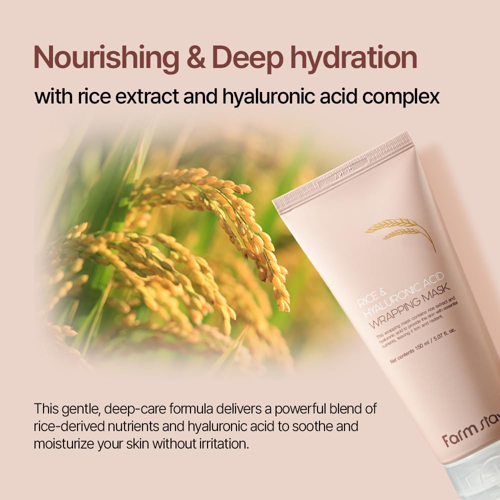 FARMSTAY Rice & Hyaluronic Acid Real Wrapping Mask – Glass Skin Glow & Hydration (5.07 fl oz) with Spatula