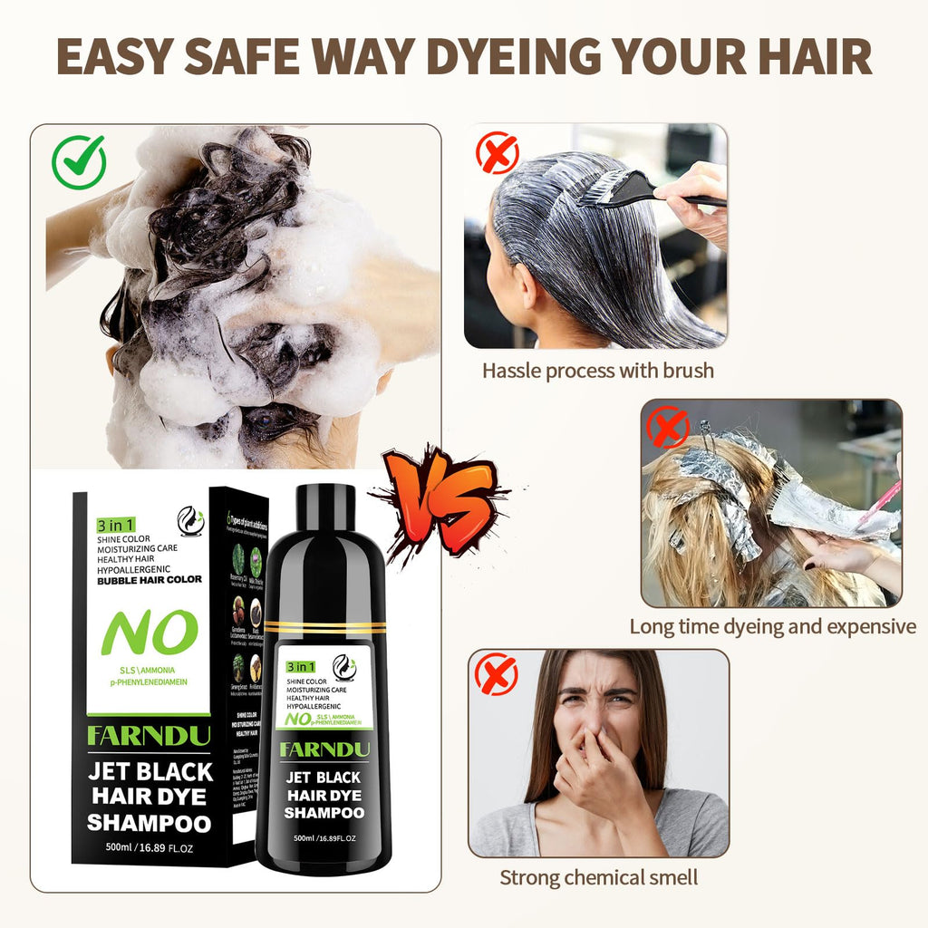 Farndu Jet Black Hair Dye Shampoo – Ammonia-free, PPD-free, 100% Gray Coverage