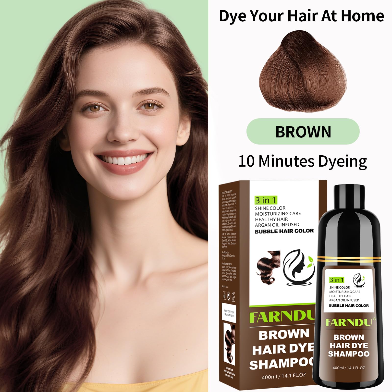 Farndu Brown Hair Dye Shampoo – 100% Gray Coverage, Natural Herbal Formula