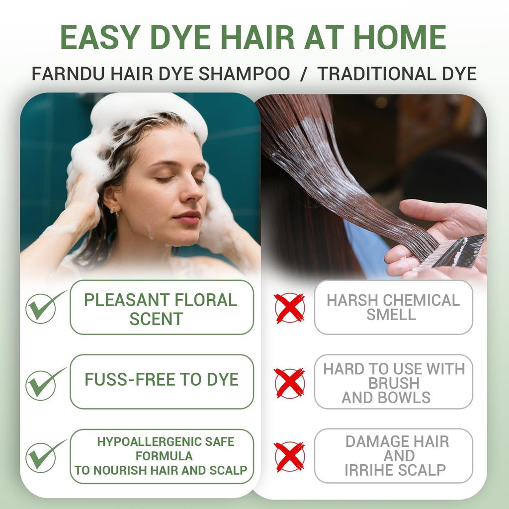 Farndu Brown Hair Dye Shampoo – 100% Gray Coverage, Natural Herbal Formula