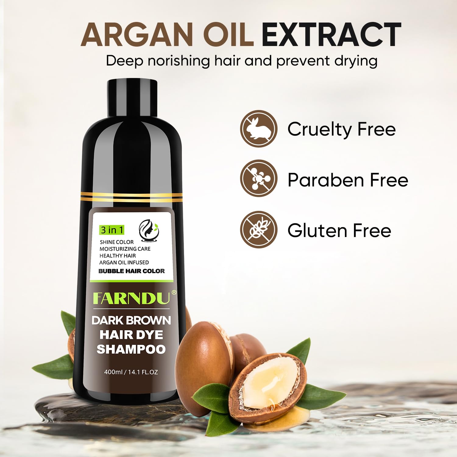 Farndu Dark Brown Hair Dye Shampoo – 3-in-1 Grey Coverage, Natural Ingredients