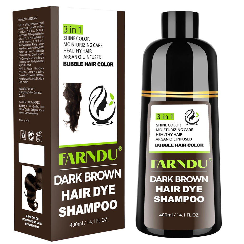 Farndu Dark Brown Hair Dye Shampoo – 3-in-1 Grey Coverage, Natural Ingredients