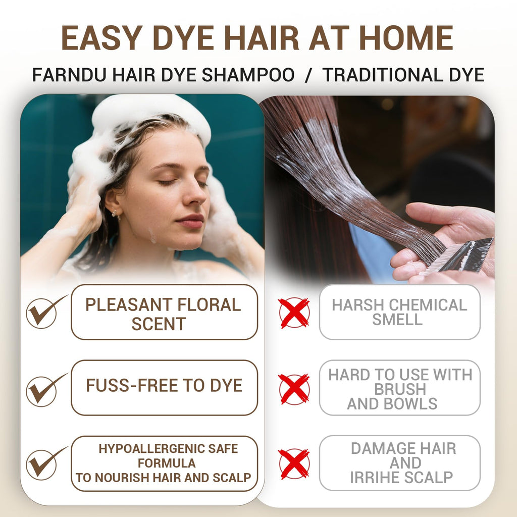 Farndu Dark Brown Hair Dye Shampoo – 3-in-1 Grey Coverage, Natural Ingredients