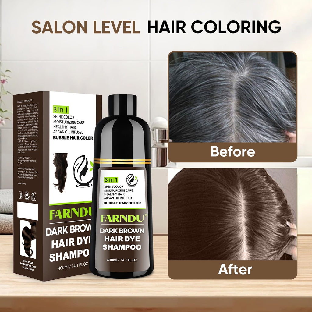 Farndu Dark Brown Hair Dye Shampoo – 3-in-1 Grey Coverage, Natural Ingredients