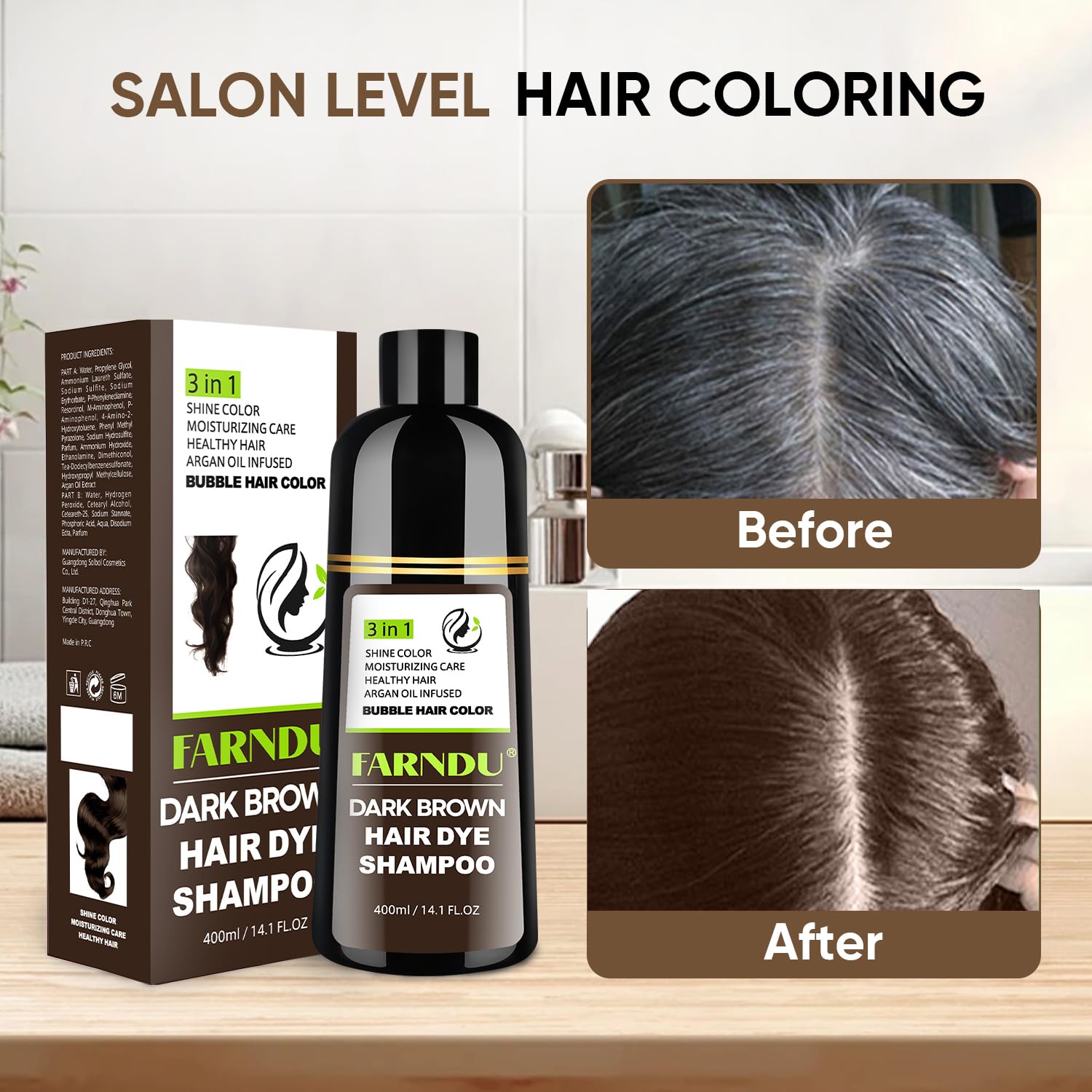 Farndu Dark Brown Hair Dye Shampoo – 3-in-1 Grey Coverage, Natural Ingredients