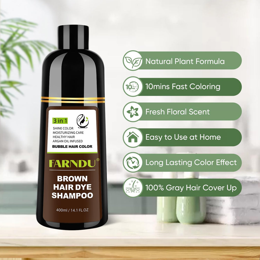 Farndu Brown Hair Dye Shampoo – 100% Gray Coverage, Natural Herbal Formula