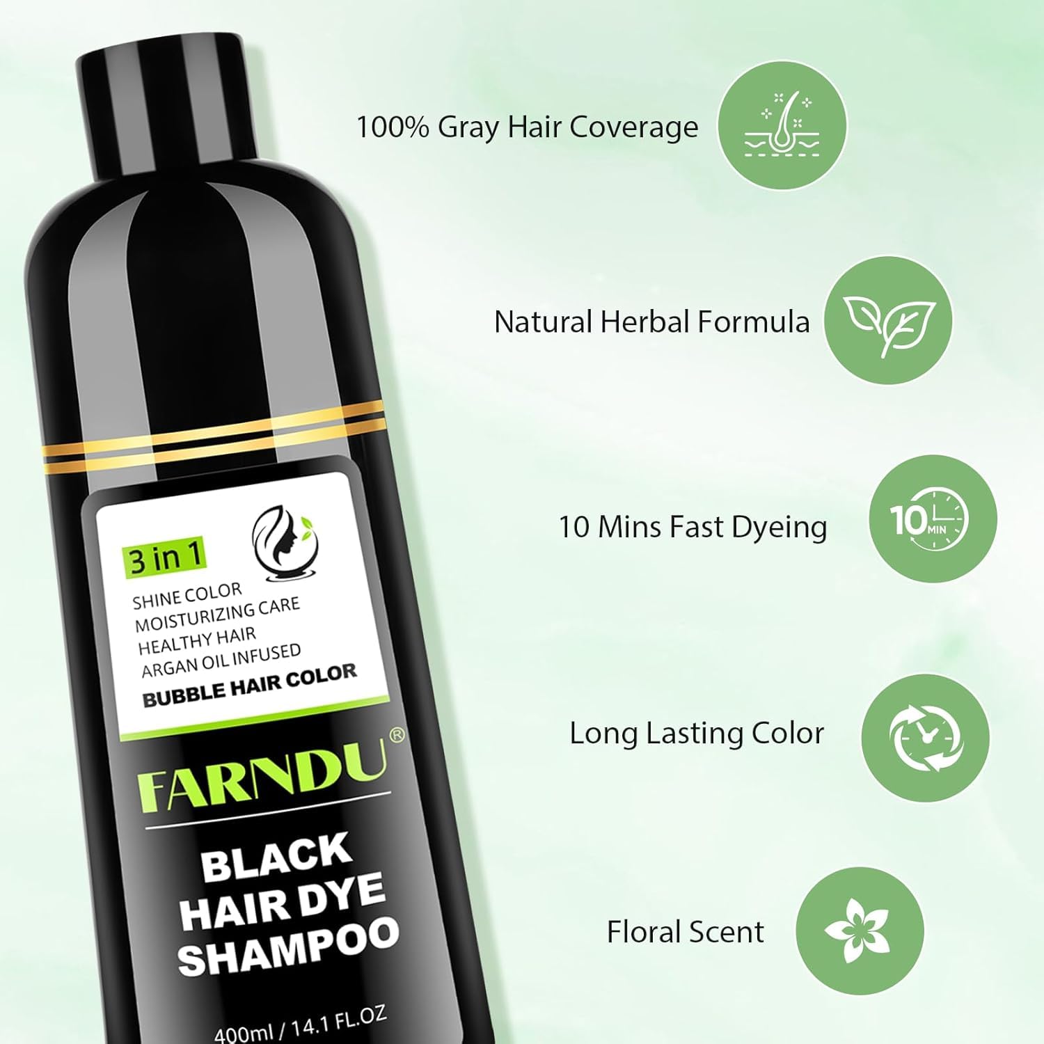 Farndu Black Hair Dye Shampoo - 3-in-1 Color, Cleanse & Condition for Gray Hair