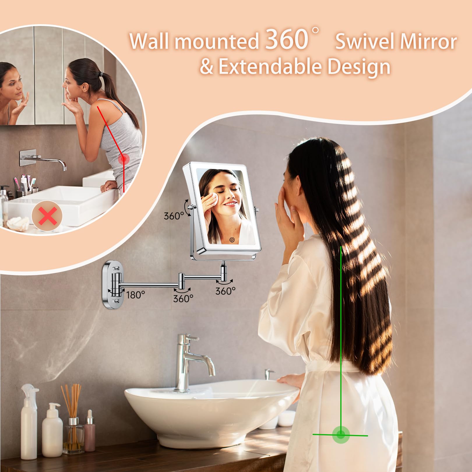 FASCINATE 5000mAh Rechargeable Wall-Mounted Makeup Mirror - 8.7-inch, 1X/20X, Lighted, 3 Color Settings, Touch Switch, Extendable Arm