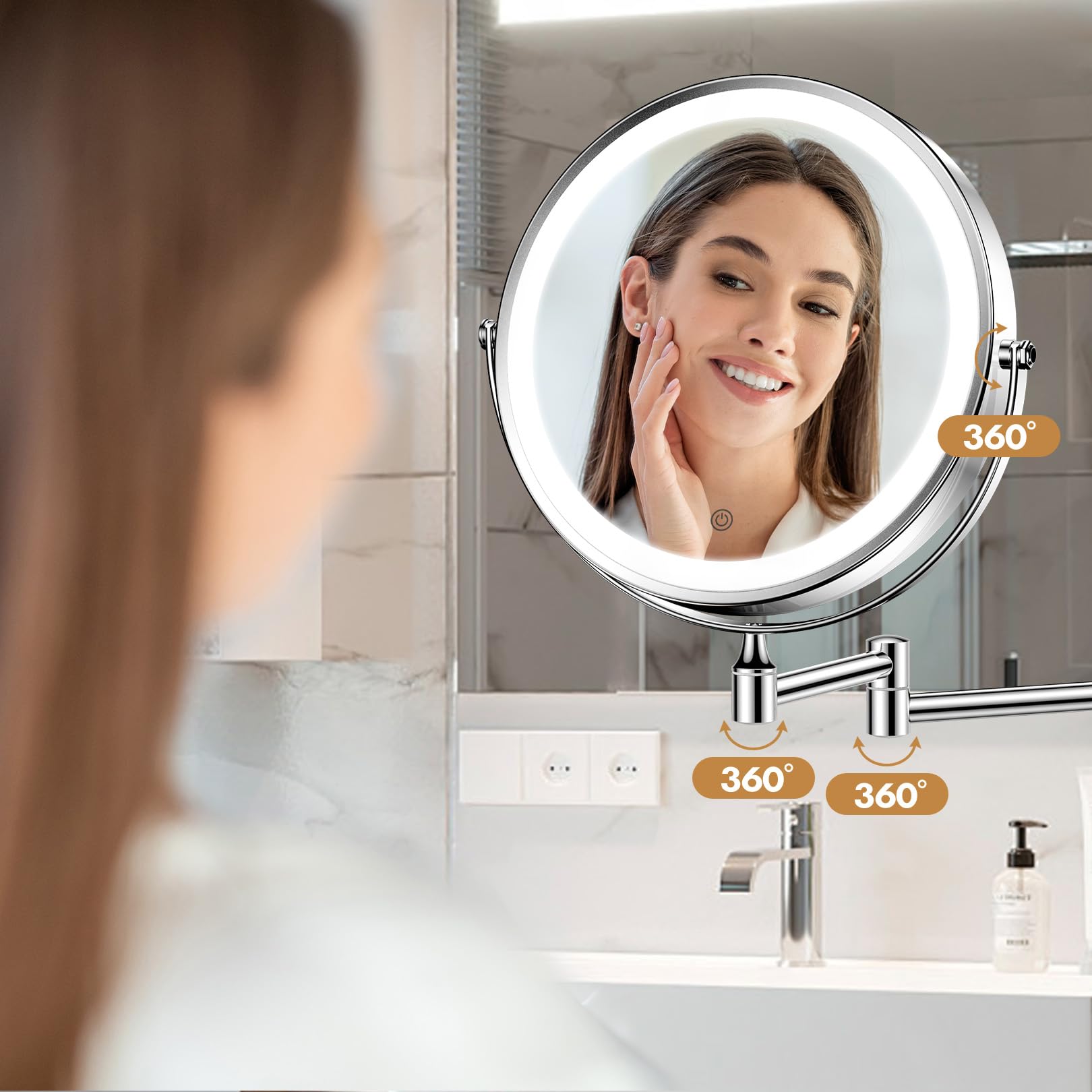 FASCINATE 8-Inch Rechargeable Chrome Wall-Mounted Makeup Mirror | 1X-10X Magnification, 3 Color Lights, 360° Rotation