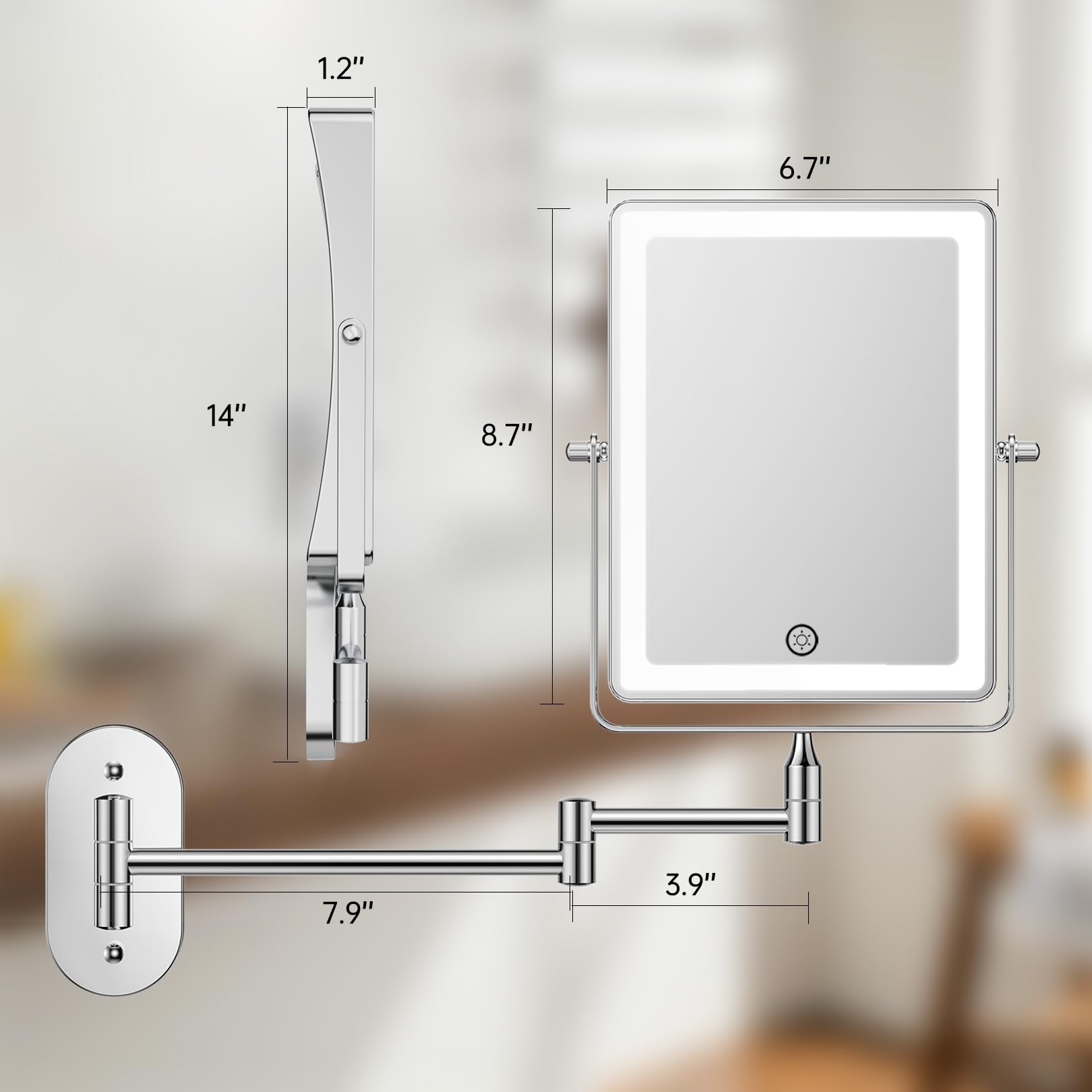 FASCINATE 5000mAh Rechargeable Wall-Mounted Makeup Mirror - 8.7-inch, 1X/20X, Lighted, 3 Color Settings, Touch Switch, Extendable Arm