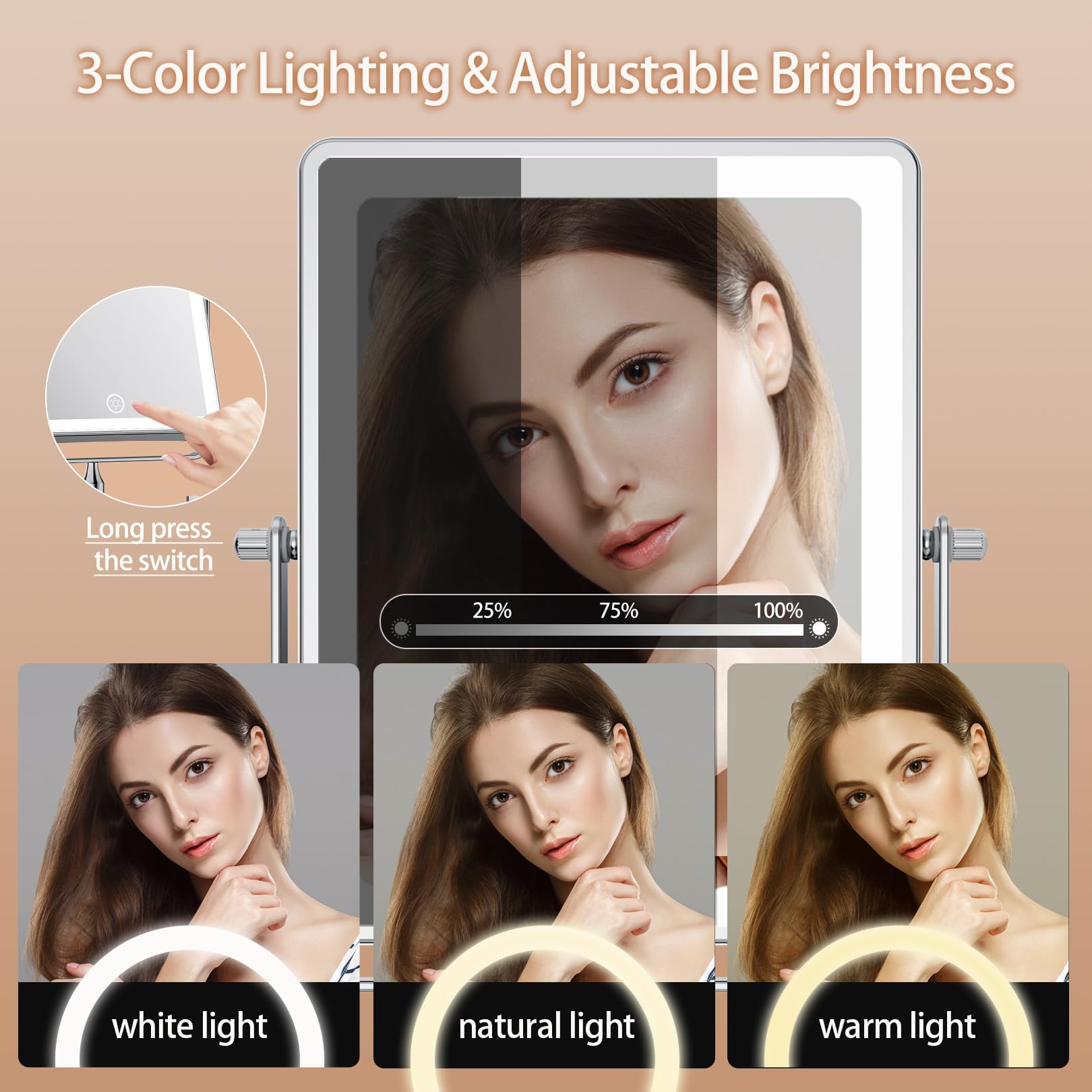 FASCINATE 5000mAh Rechargeable Wall-Mounted Makeup Mirror - 8.7-inch, 1X/20X, Lighted, 3 Color Settings, Touch Switch, Extendable Arm