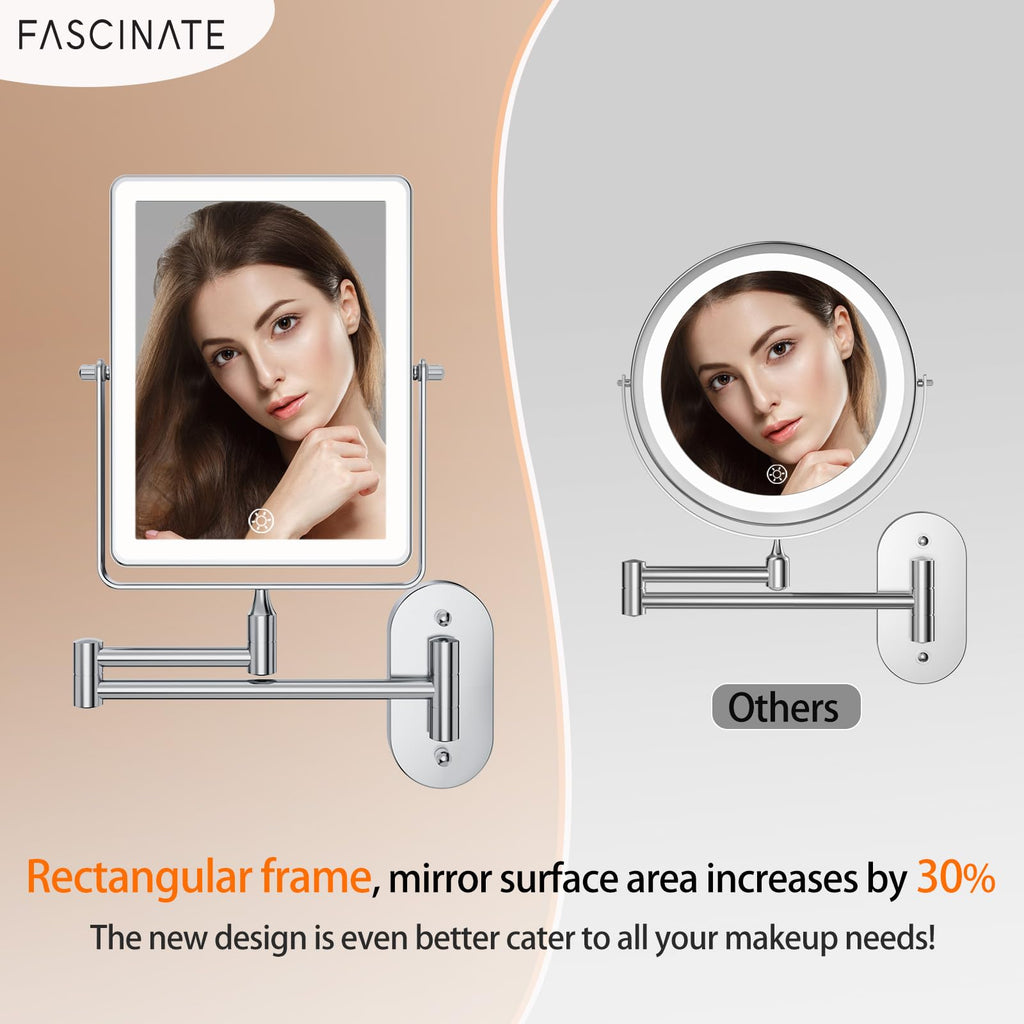 FASCINATE 5000mAh Rechargeable Wall-Mounted Makeup Mirror - 8.7-inch, 1X/20X, Lighted, 3 Color Settings, Touch Switch, Extendable Arm
