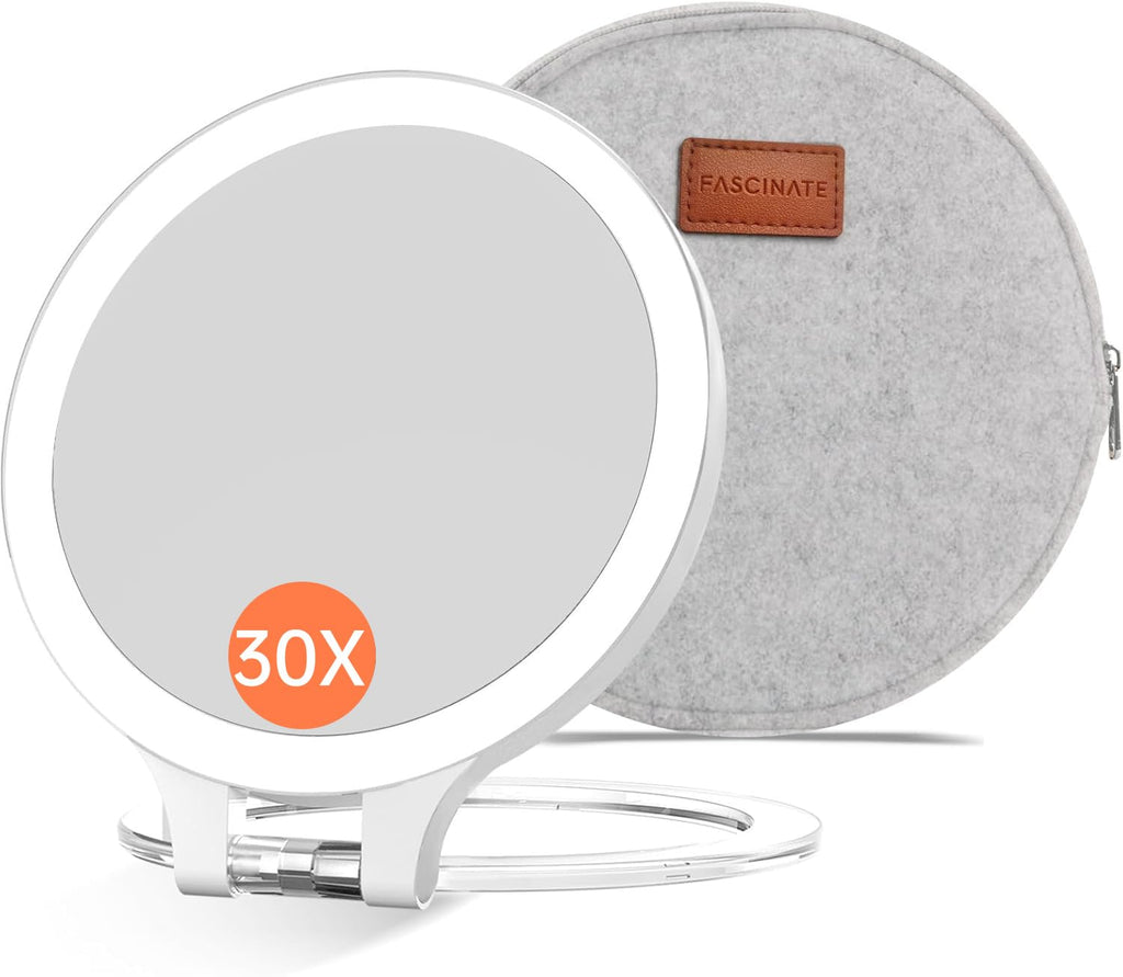 FASCINATE Magnifying Mirror 30X 1X – Double-Sided Lighted Vanity Mirror with 3 Color LED Modes & Rechargeable Battery