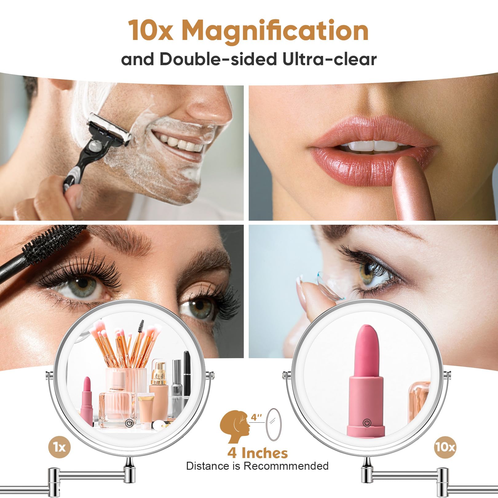 FASCINATE 8-Inch Rechargeable Chrome Wall-Mounted Makeup Mirror | 1X-10X Magnification, 3 Color Lights, 360° Rotation