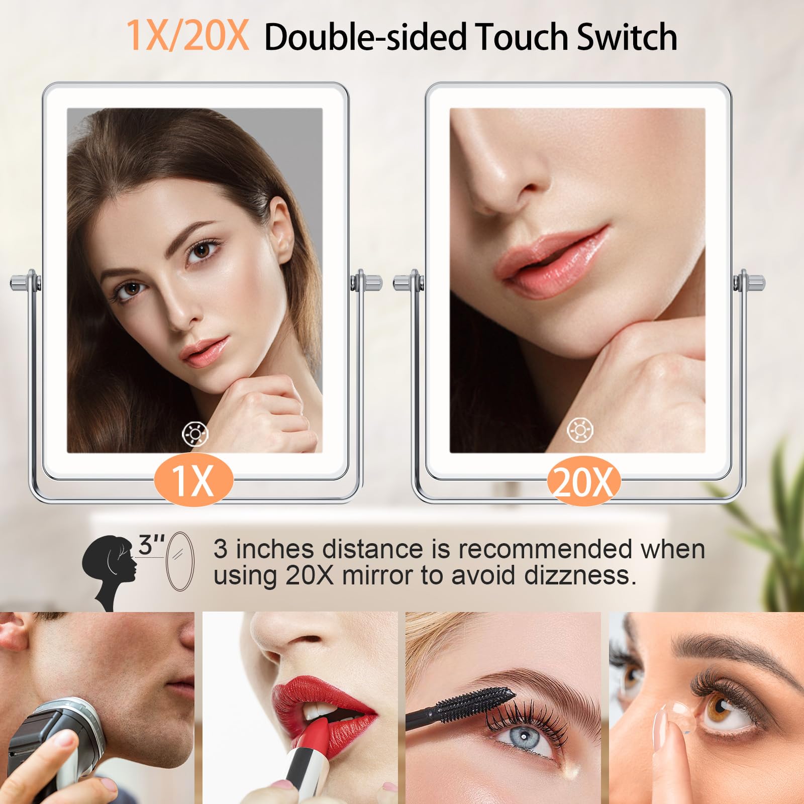 FASCINATE 5000mAh Rechargeable Wall-Mounted Makeup Mirror - 8.7-inch, 1X/20X, Lighted, 3 Color Settings, Touch Switch, Extendable Arm