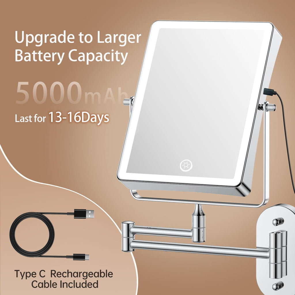 FASCINATE 5000mAh Rechargeable Wall-Mounted Makeup Mirror - 8.7-inch, 1X/20X, Lighted, 3 Color Settings, Touch Switch, Extendable Arm