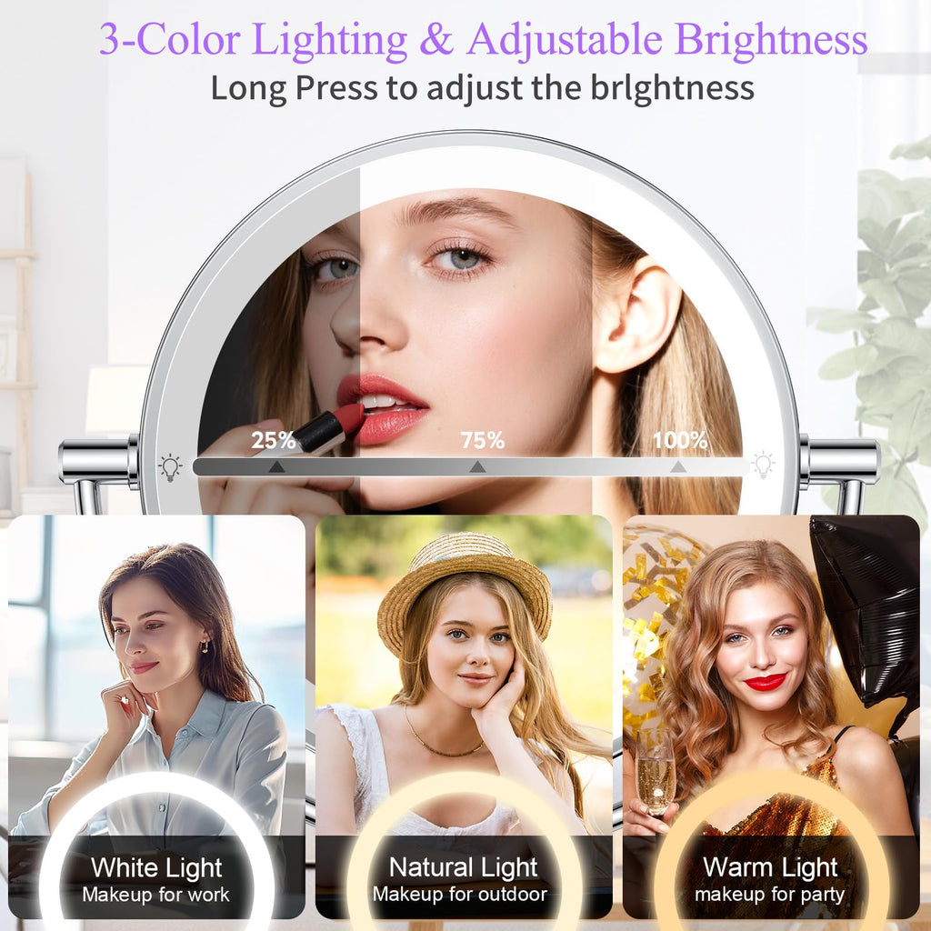 FASCINATE Wall Mounted Lighted Makeup Mirror — 30X/1X Magnification, 3 Color Modes, Dimmable, 360° Swivel