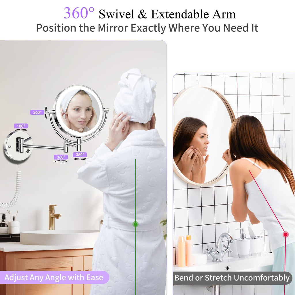 FASCINATE Wall Mounted Lighted Makeup Mirror — 30X/1X Magnification, 3 Color Modes, Dimmable, 360° Swivel