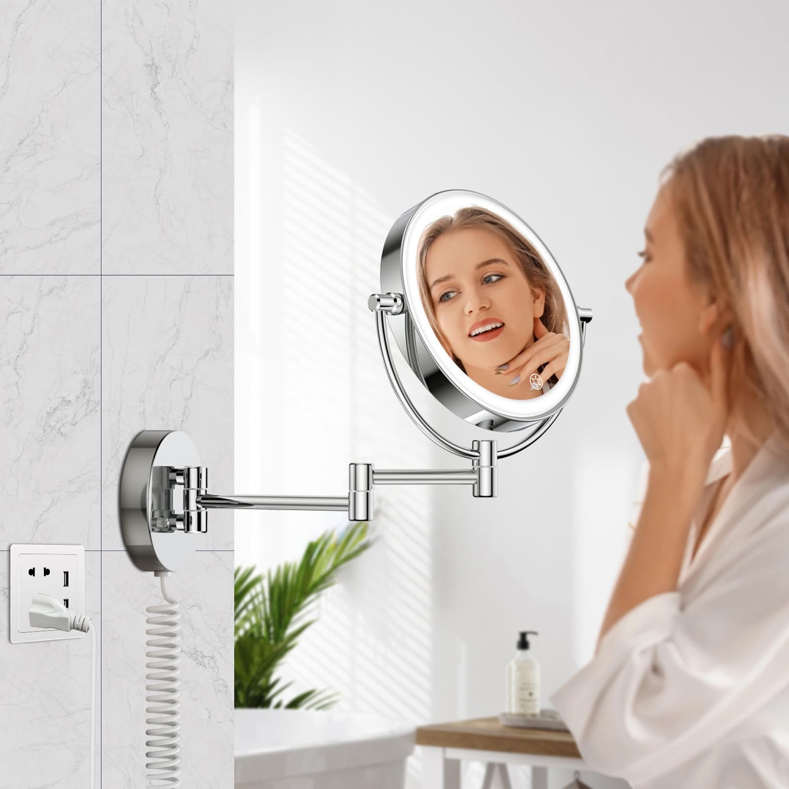 FASCINATE Wall Mounted Lighted Makeup Mirror — 30X/1X Magnification, 3 Color Modes, Dimmable, 360° Swivel