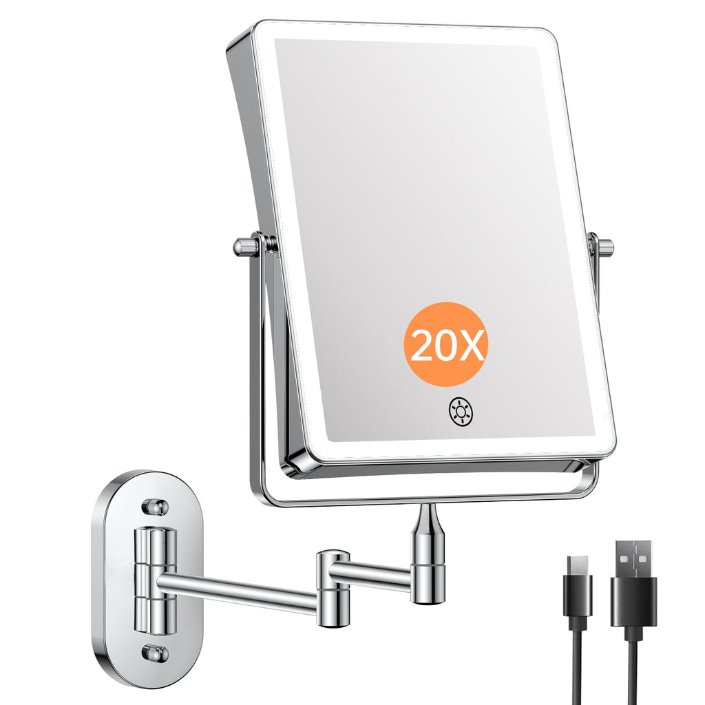 FASCINATE 5000mAh Rechargeable Wall-Mounted Makeup Mirror - 8.7-inch, 1X/20X, Lighted, 3 Color Settings, Touch Switch, Extendable Arm