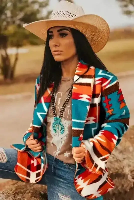 Aztec Print Bell Sleeve Blazer Women UK