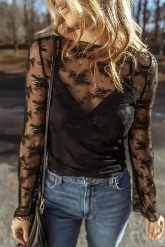 Black Lace Trim Sheer Slim Fit Blouse Women UK | Elegant